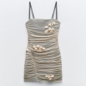 Zara XS NWT floral tulle dress in beige pink. Double spaghetti straps